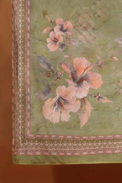 Green Printed Crepe & Kathan Silk Semi-Stitched Dress Material Suit