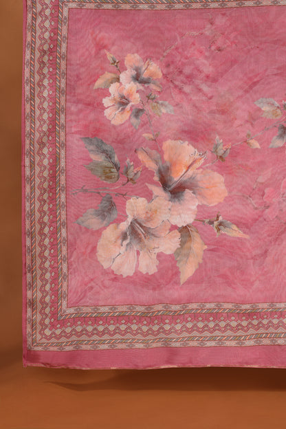 Pink Printed Crepe & Kathan Silk Semi-Stitched Dress Material Suit