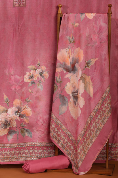 Pink Printed Crepe & Kathan Silk Semi-Stitched Dress Material Suit
