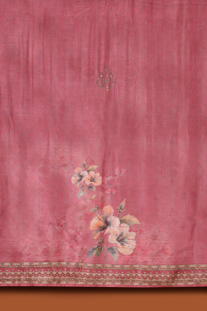 Pink Printed Crepe & Kathan Silk Semi-Stitched Dress Material Suit