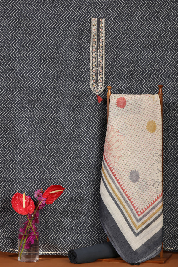 Grey & White Printed Kathan Silk Unstitched Dress Material Suit