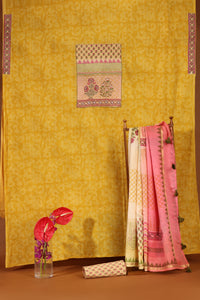 Yellow & Pink Printed Cotton-Chanderi Suit Set