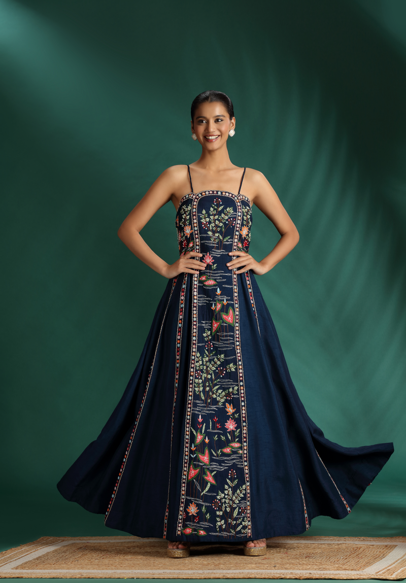 Blue Raw Silk Salwar Kameez Set with Moti & Zari Embellishments