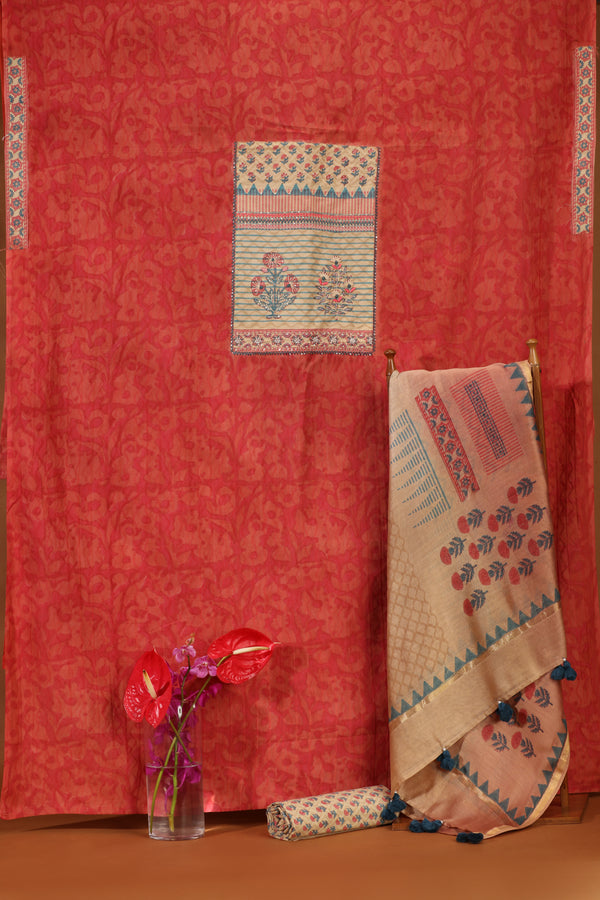Orange Cotton Printed Suit Set with Chanderi Dupatta
