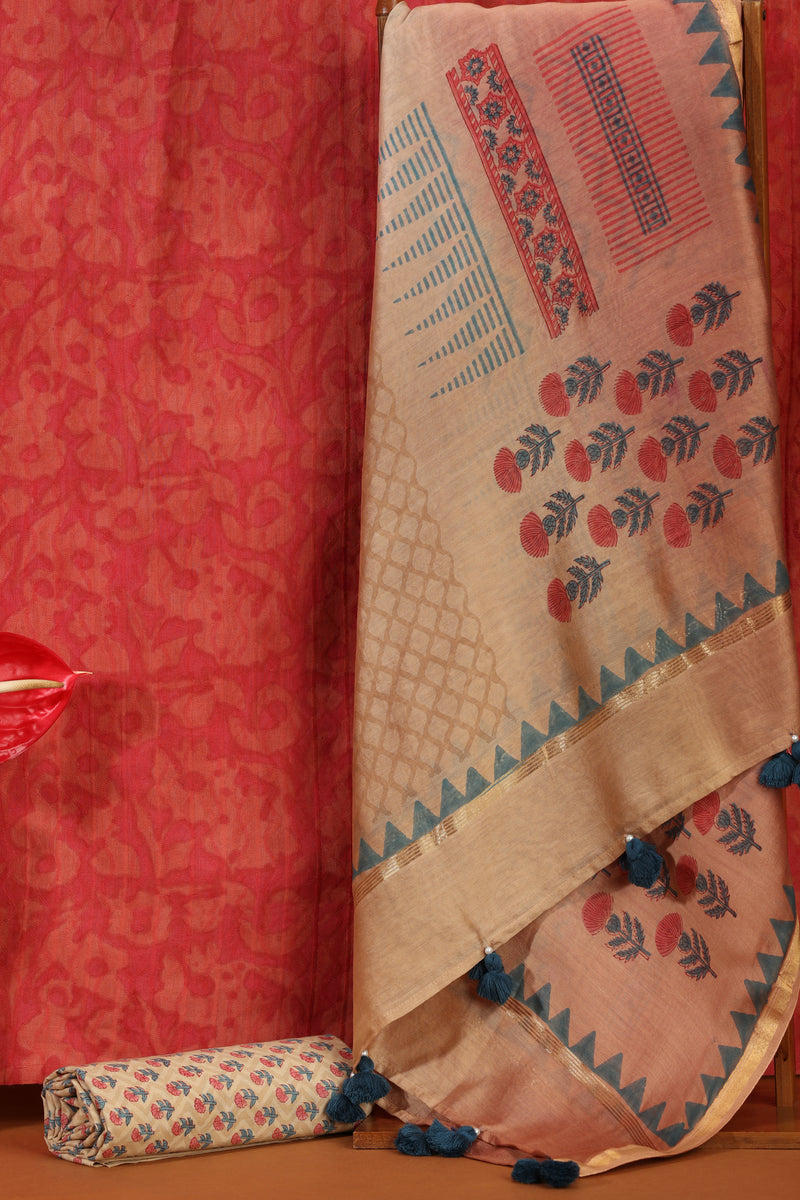 Orange Cotton Printed Suit Set with Chanderi Dupatta