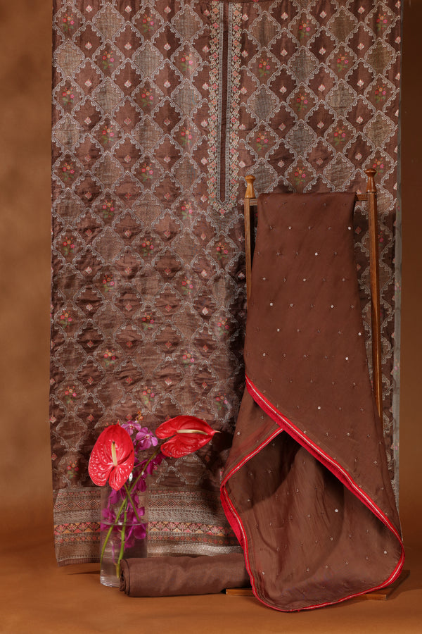 Mauve Printed Kathan Silk Suit Set