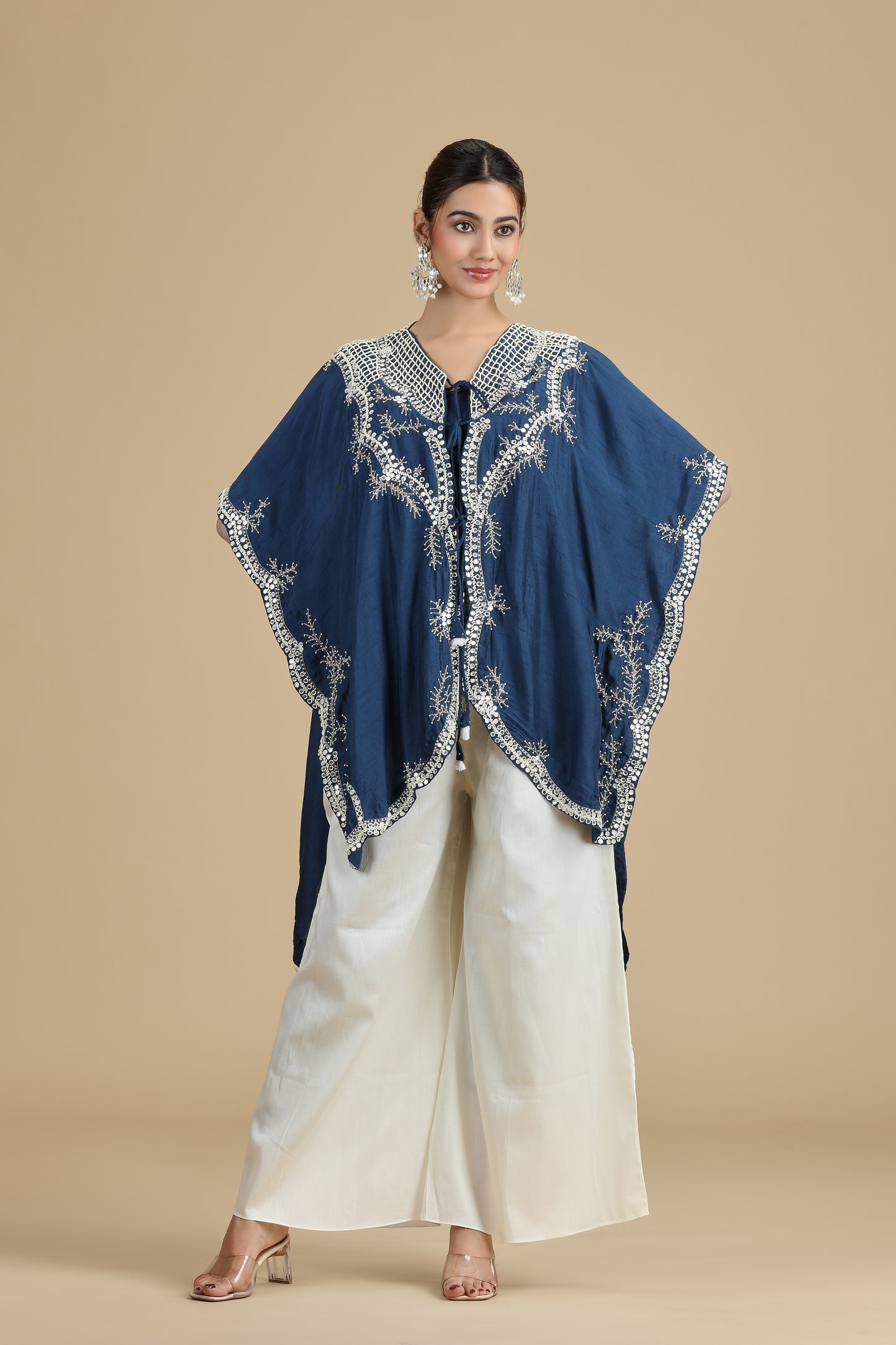 Peacock Blue Raw Silk Kurta Set with Abla & Pearls