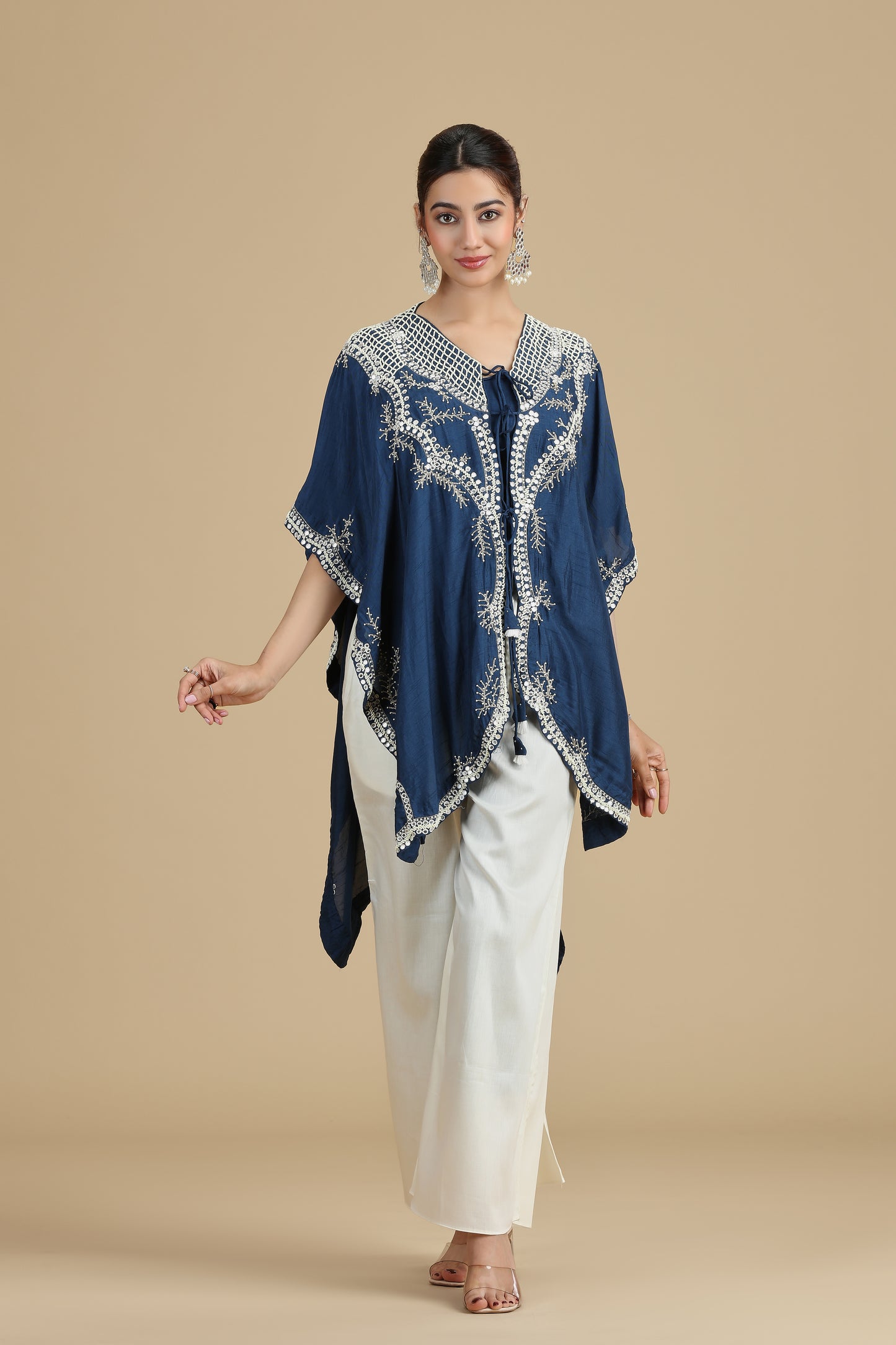 Peacock Blue Raw Silk Kurta Set with Abla & Pearls