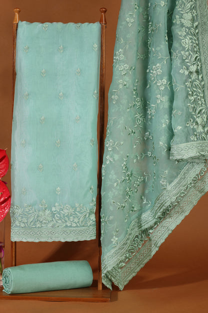 Emerald Green Organza Suit Set with Resham Detailing