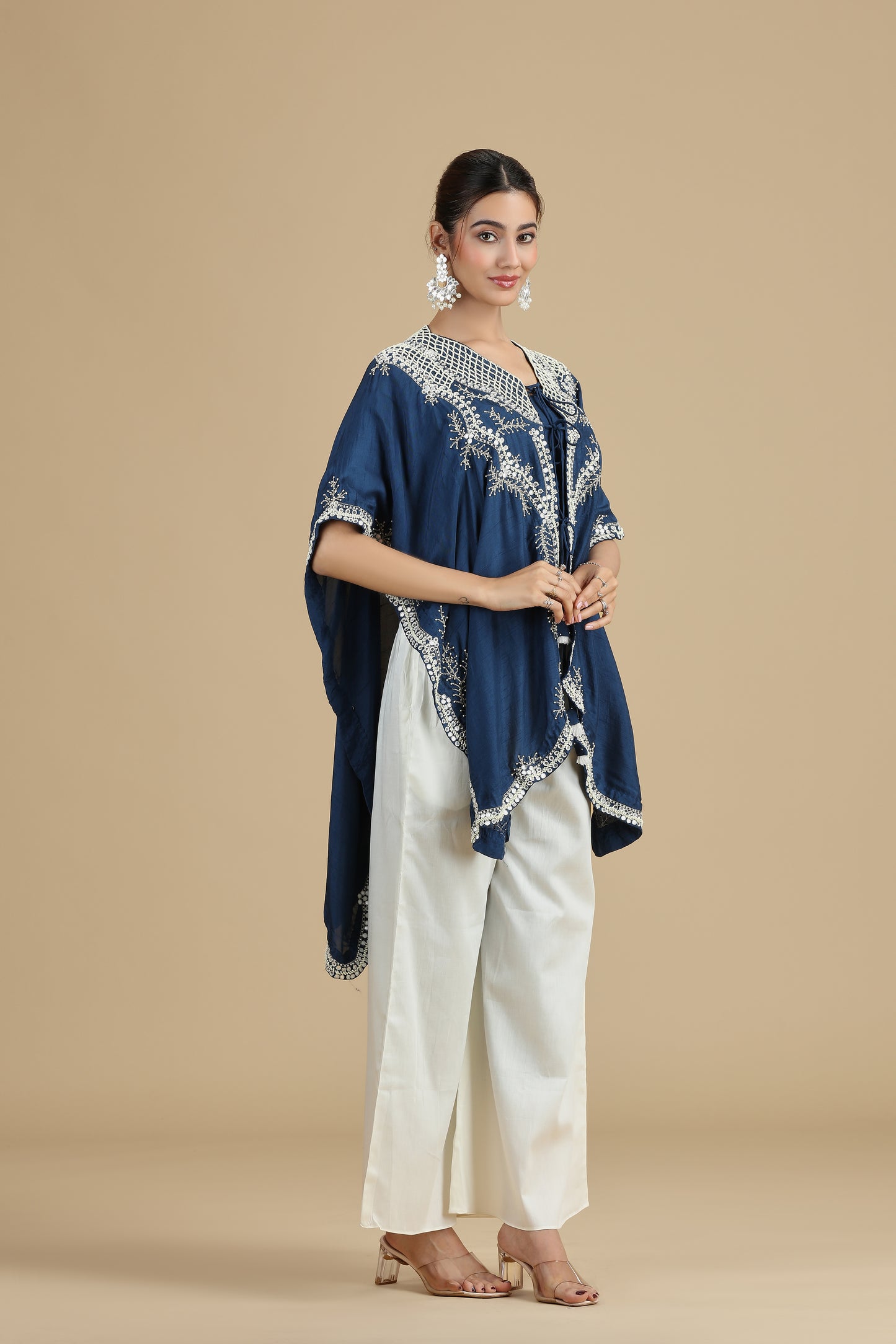 Peacock Blue Raw Silk Kurta Set with Abla & Pearls
