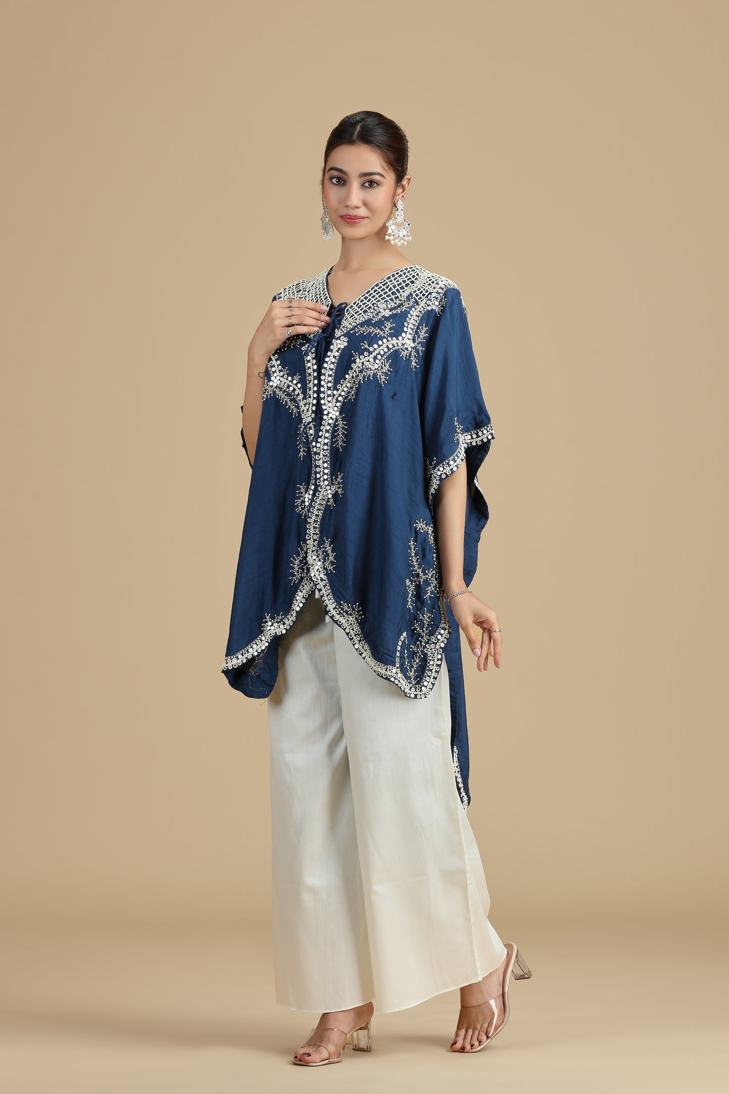 Peacock Blue Raw Silk Kurta Set with Abla & Pearls