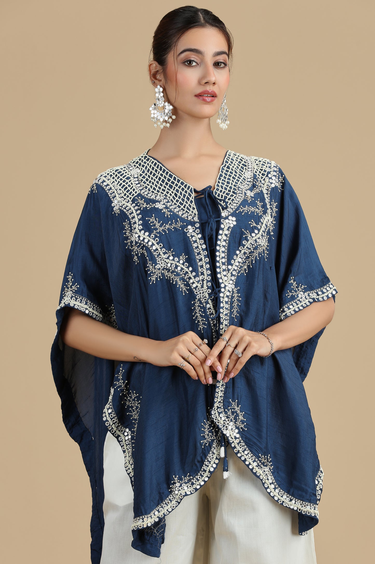 Peacock Blue Raw Silk Kurta Set with Abla & Pearls