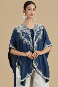 Peacock Blue Raw Silk Kurta Set with Abla & Pearls