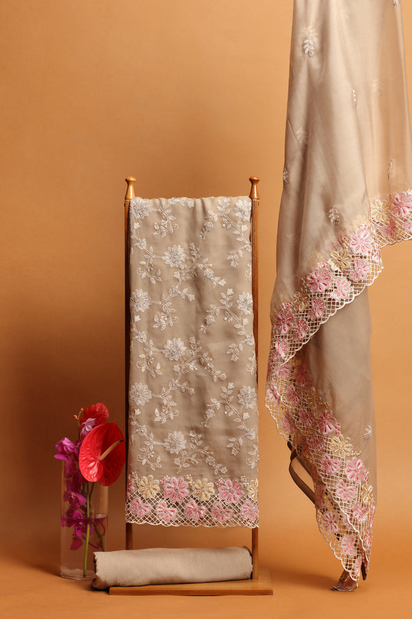 Beige Organza Dress Material Suit