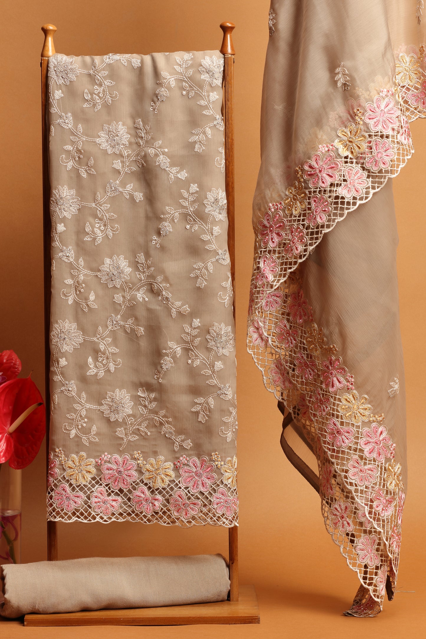 Beige Organza Dress Material Suit