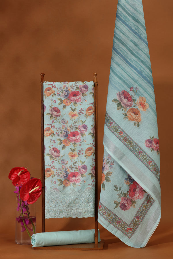Blue Kathan Silk Printed Suit Set