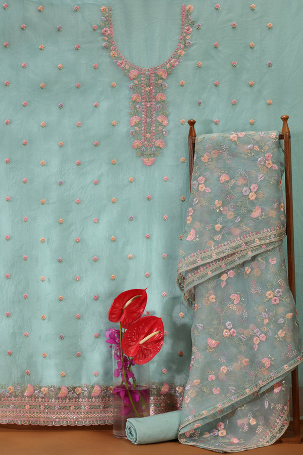 Green Resham Embroidered Dress Material Suit