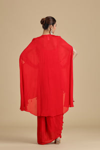 Red Chinnon Kurta Set with French Knots & Resham