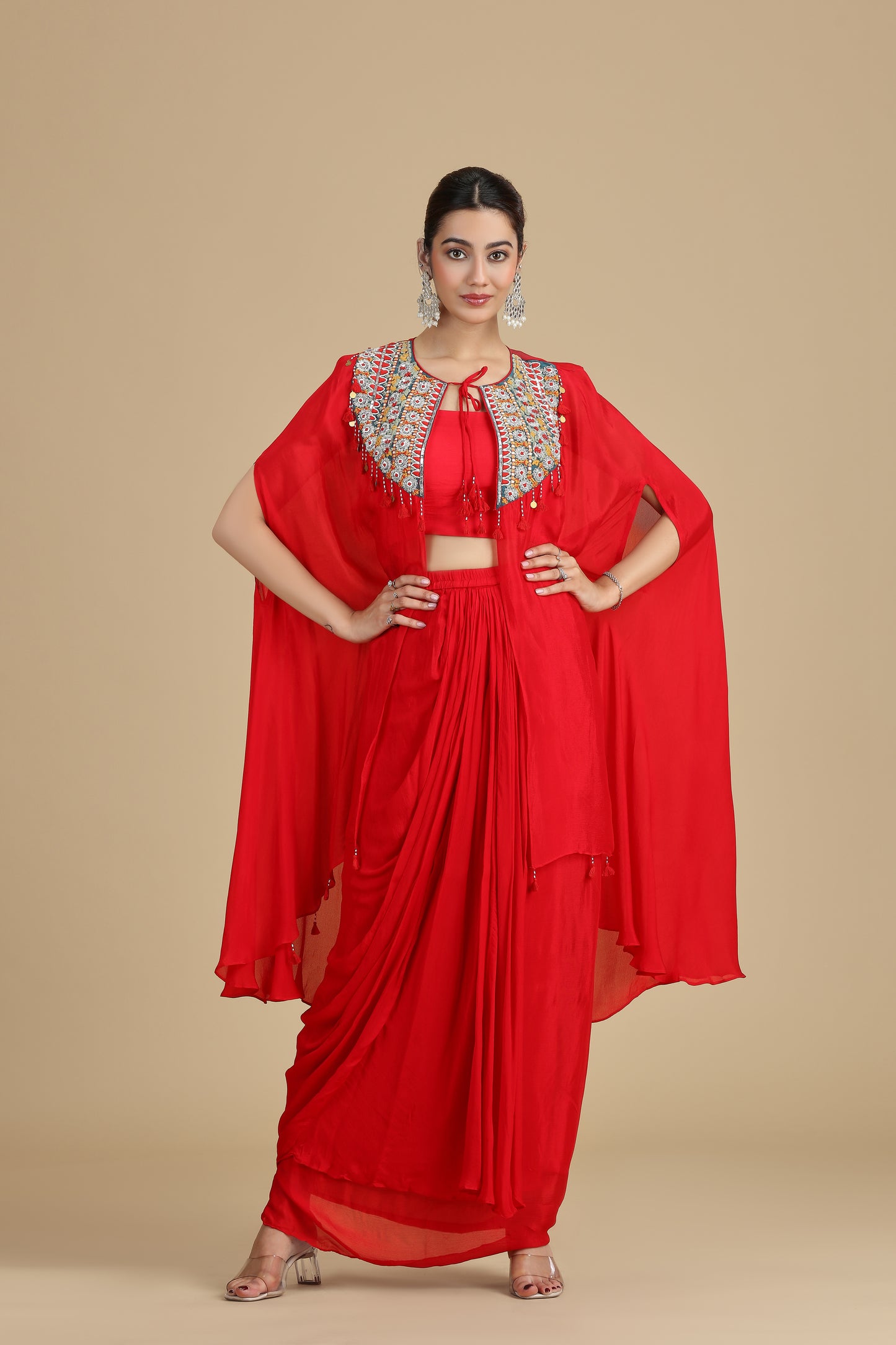 Red Chinnon Kurta Set with French Knots & Resham