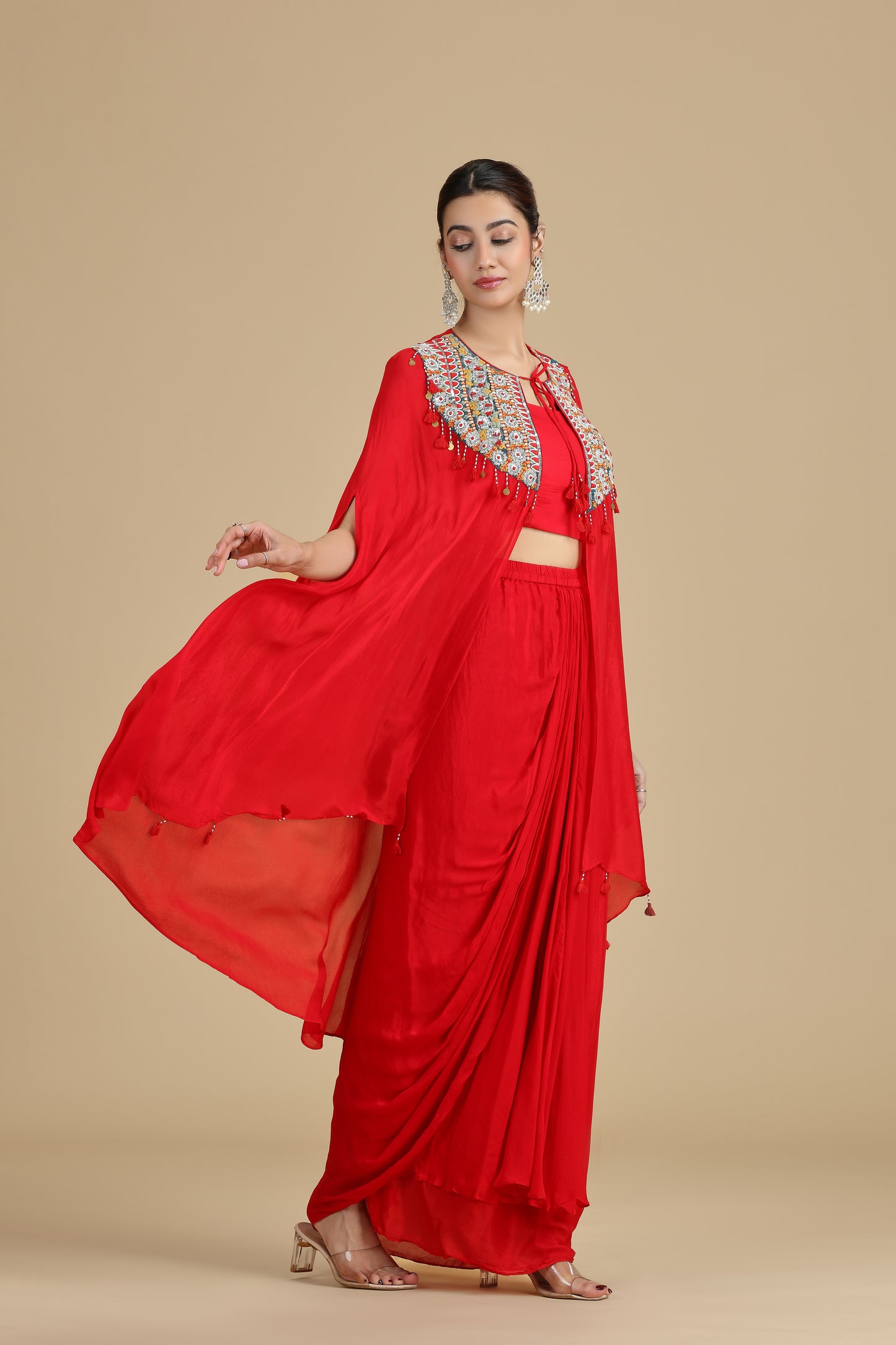 Red Chinnon Kurta Set with French Knots & Resham