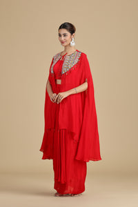 Red Chinnon Kurta Set with French Knots & Resham
