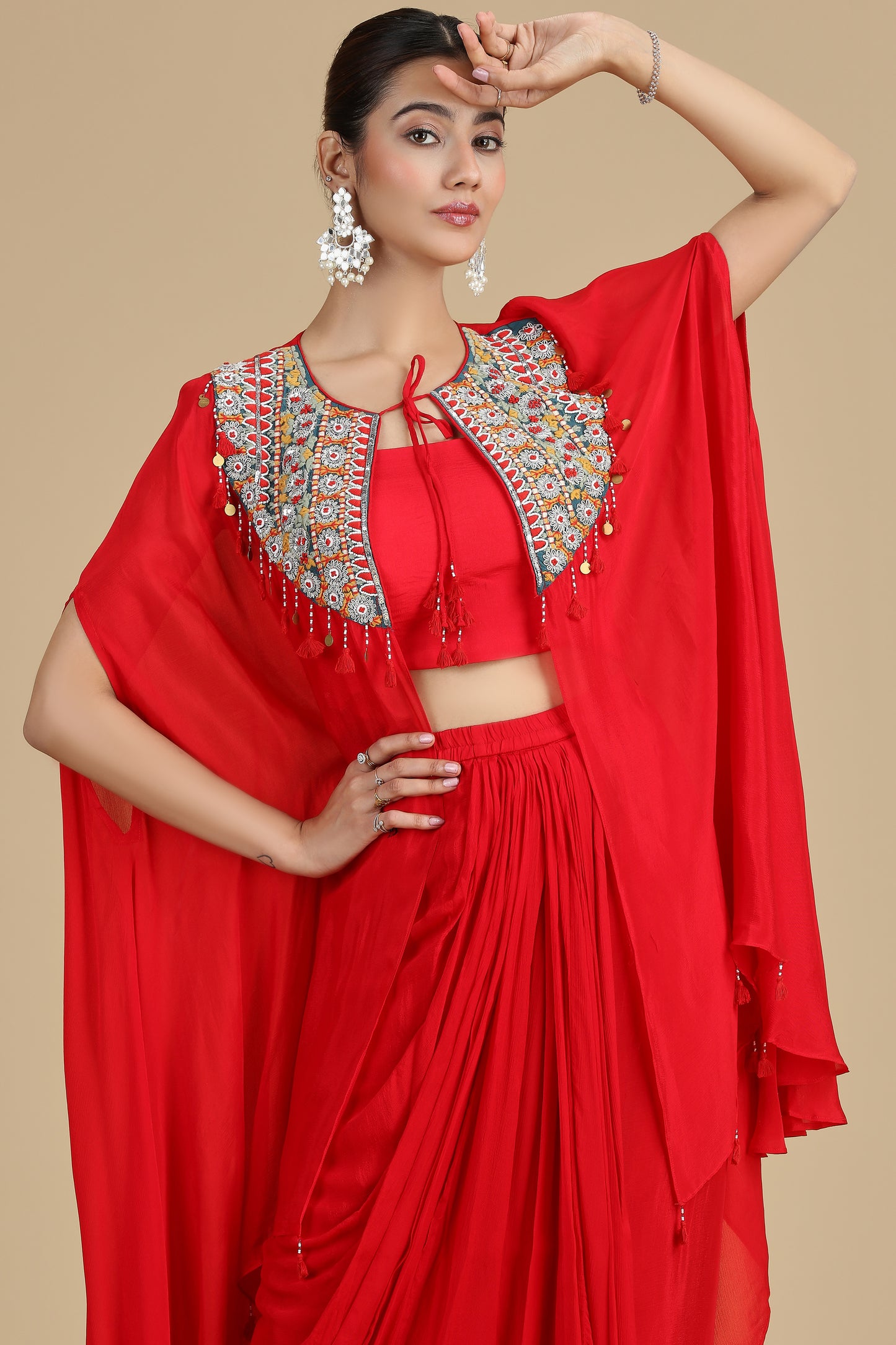 Red Chinnon Kurta Set with French Knots & Resham