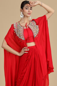 Red Chinnon Kurta Set with French Knots & Resham