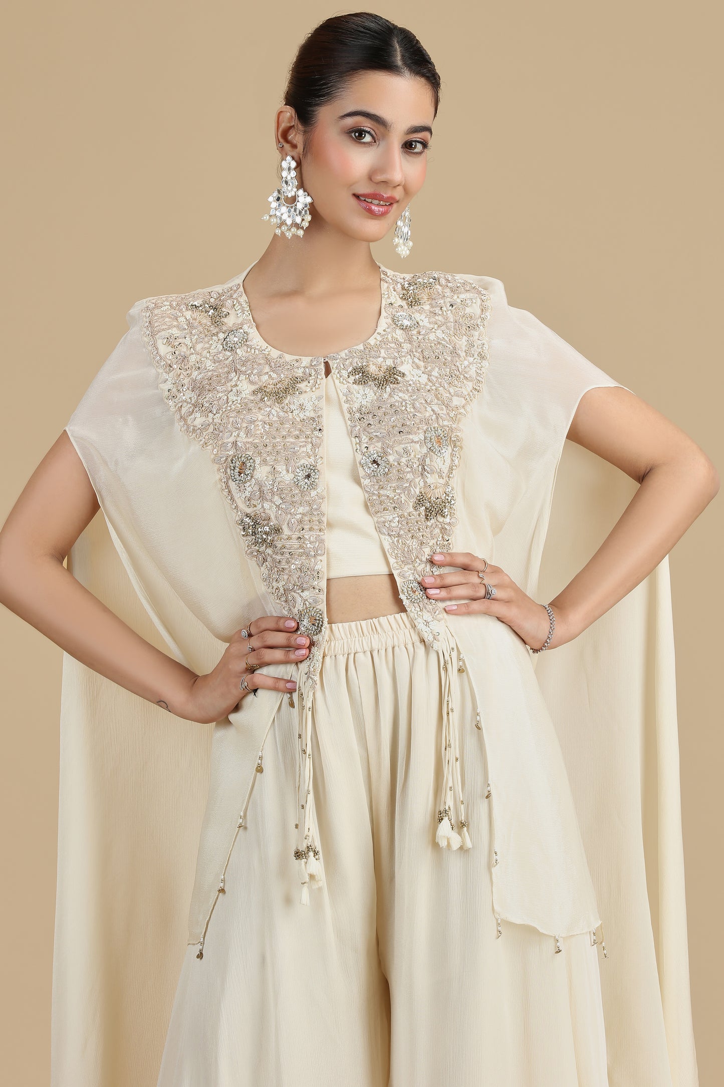 Chinnon Cream Kurta Set with Sequins & Pearls