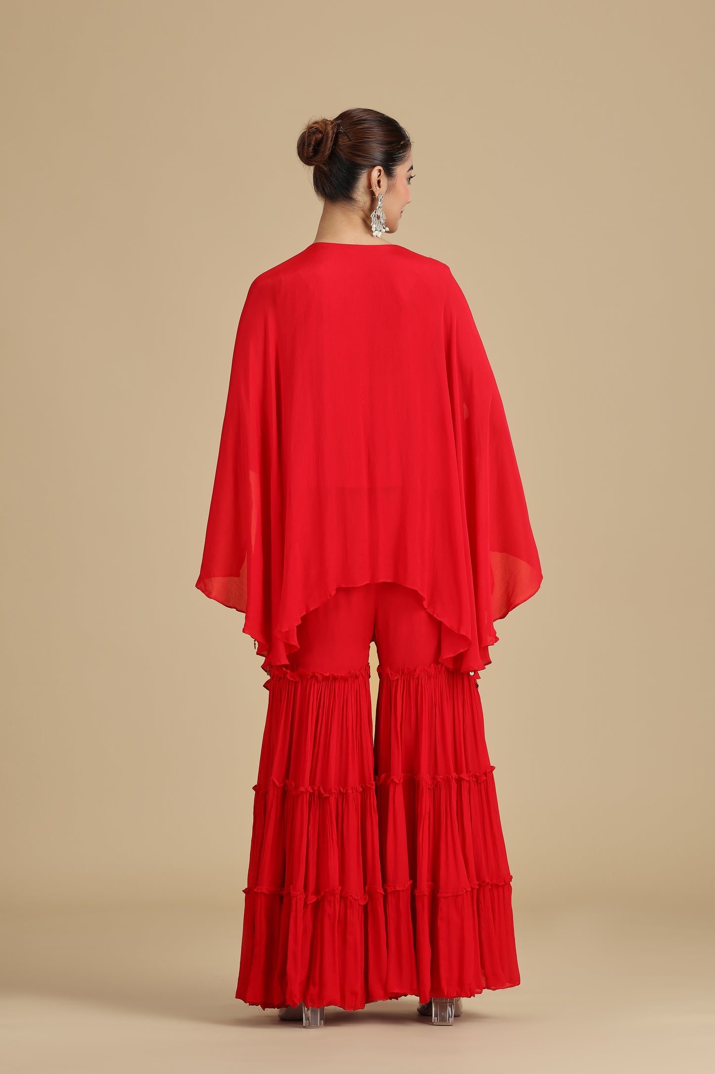 Red Chinnon Kurta Set with Sequins & Thread Work