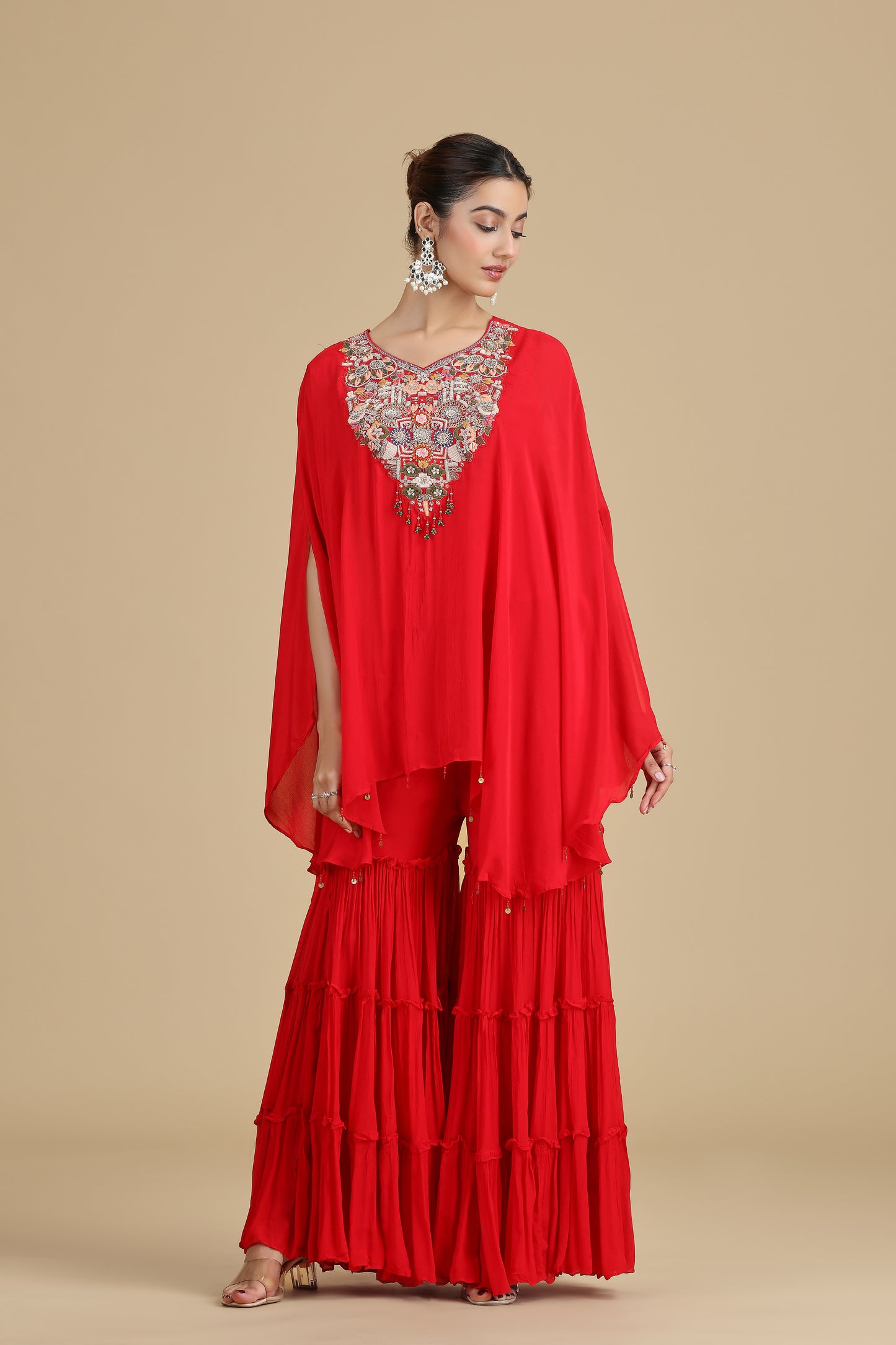 Red Chinnon Kurta Set with Sequins & Thread Work