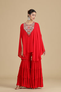 Red Chinnon Kurta Set with Sequins & Thread Work