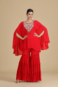 Red Chinnon Kurta Set with Sequins & Thread Work
