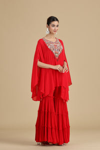 Red Chinnon Kurta Set with Sequins & Thread Work