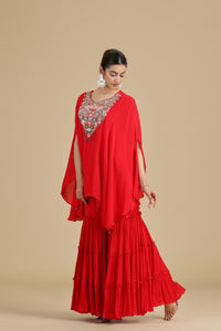 Red Chinnon Kurta Set with Sequins & Thread Work