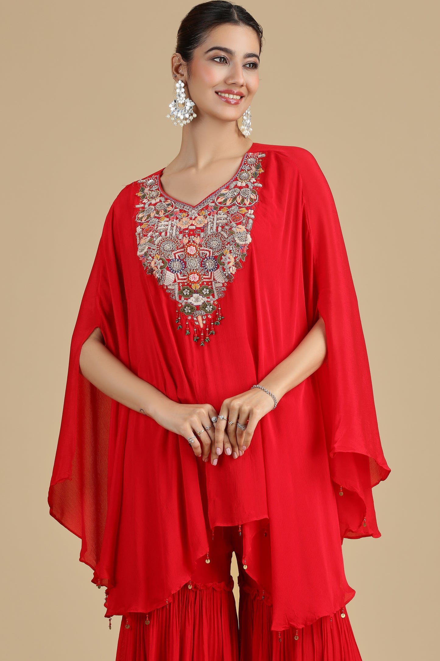 Red Chinnon Kurta Set with Sequins & Thread Work