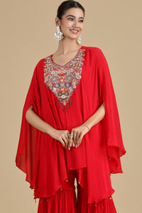 Red Chinnon Kurta Set with Sequins & Thread Work