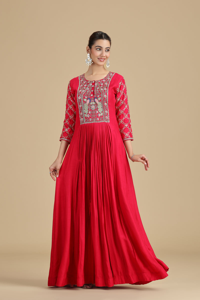 Elegant Pink Raw Silk Kurta Set with Thread Work & Pearls