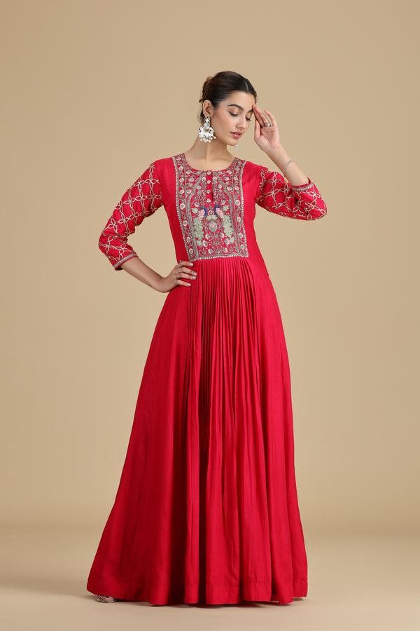 Elegant Pink Raw Silk Kurta Set with Thread Work & Pearls