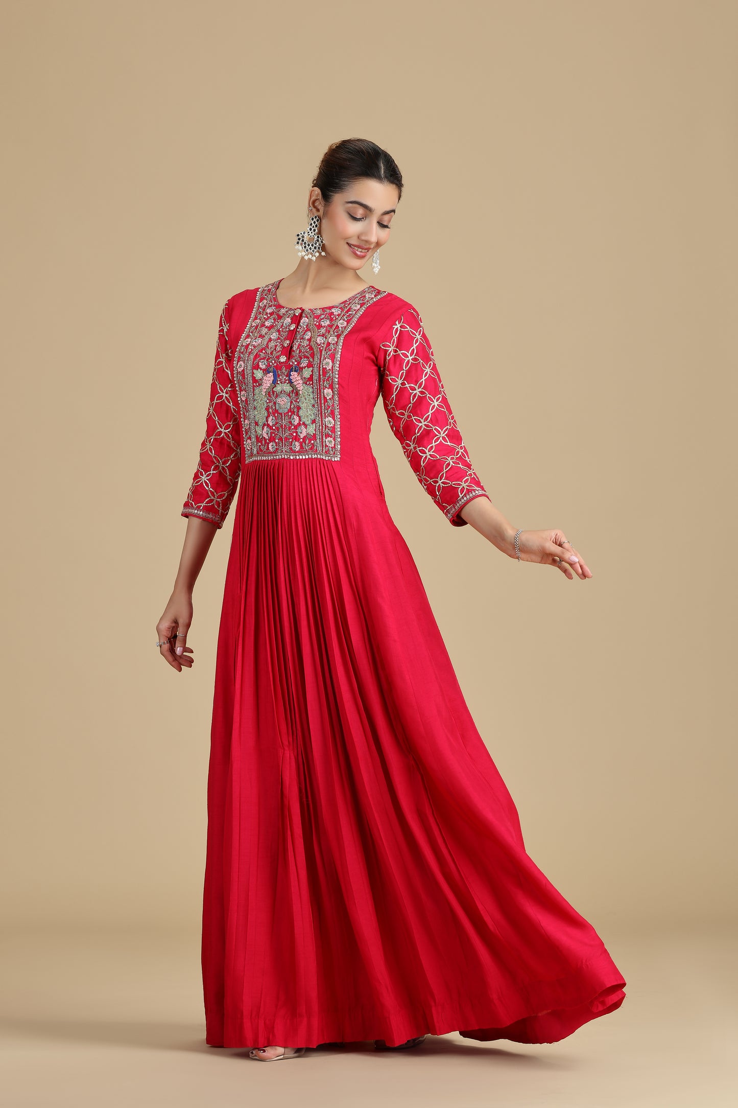 Elegant Pink Raw Silk Kurta Set with Thread Work & Pearls