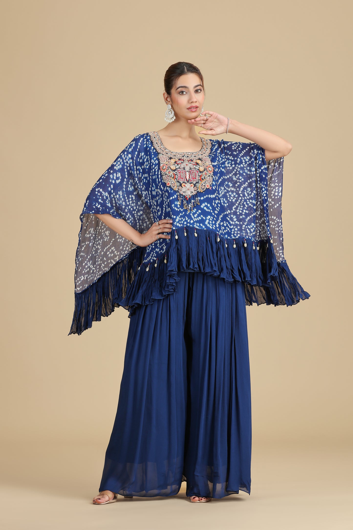 Blue Chinnon Kurta Set with French Knots & Pearls