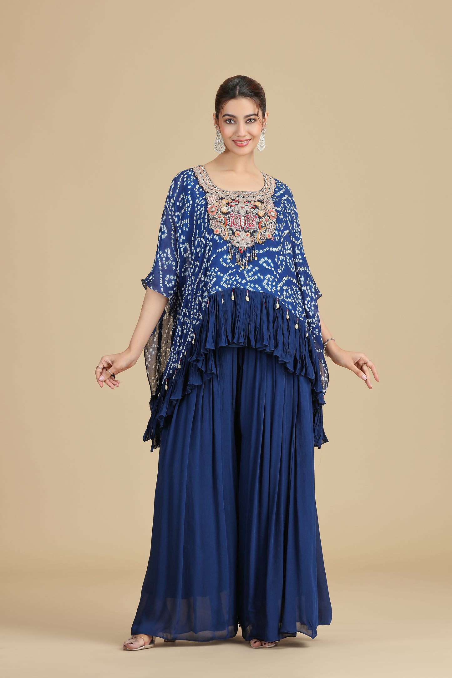Blue Chinnon Kurta Set with French Knots & Pearls