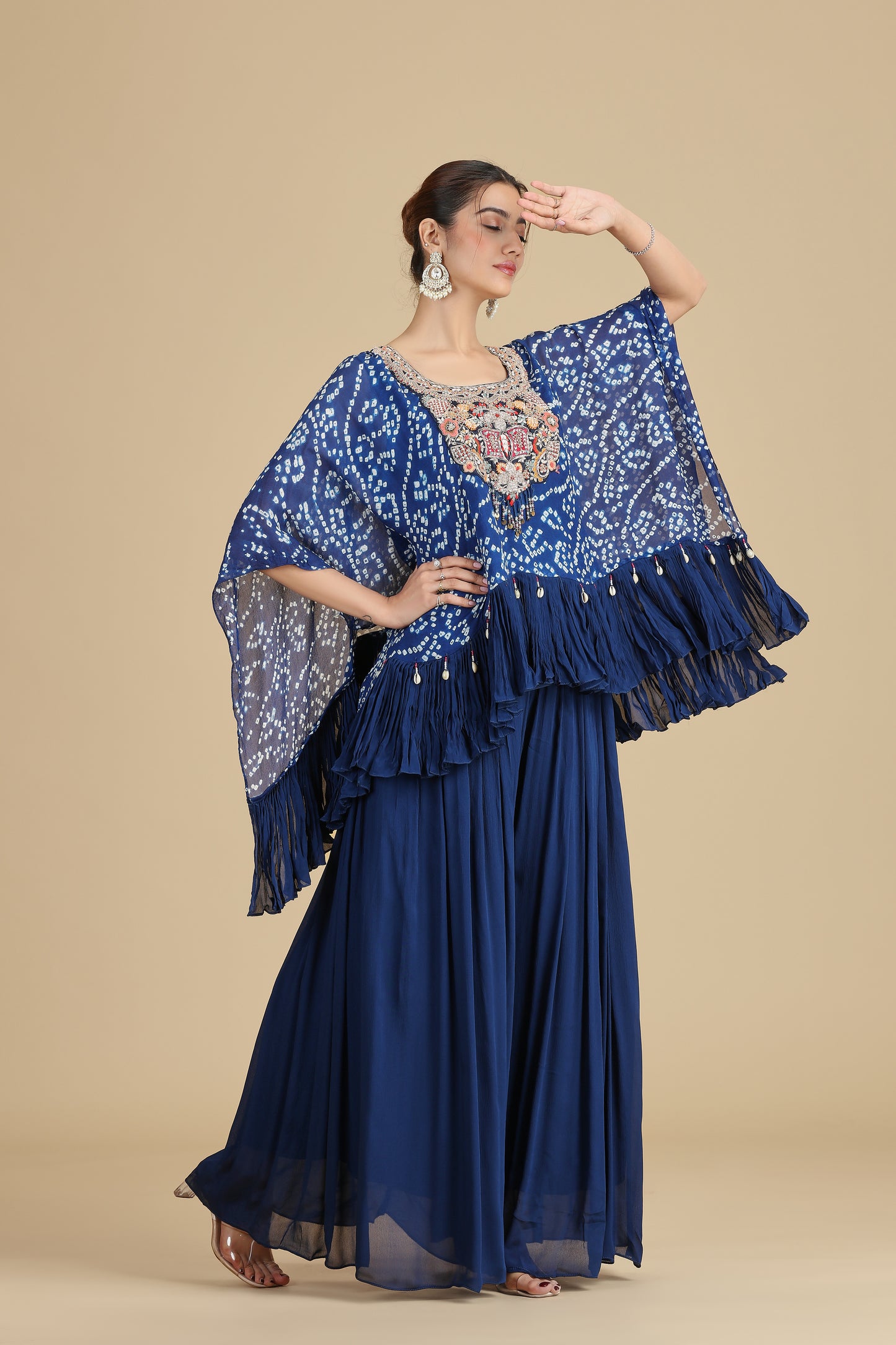 Blue Chinnon Kurta Set with French Knots & Pearls
