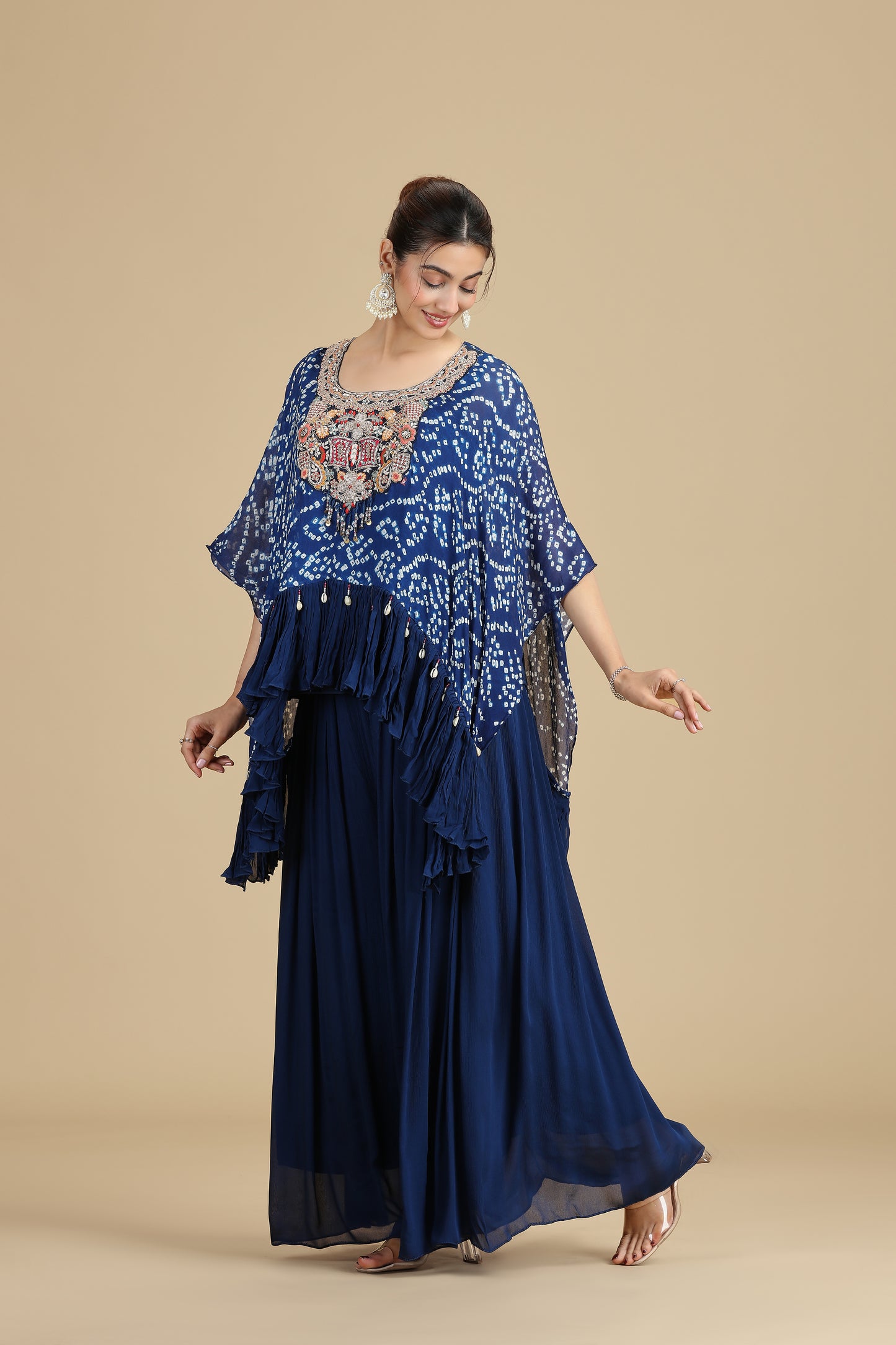 Blue Chinnon Kurta Set with French Knots & Pearls
