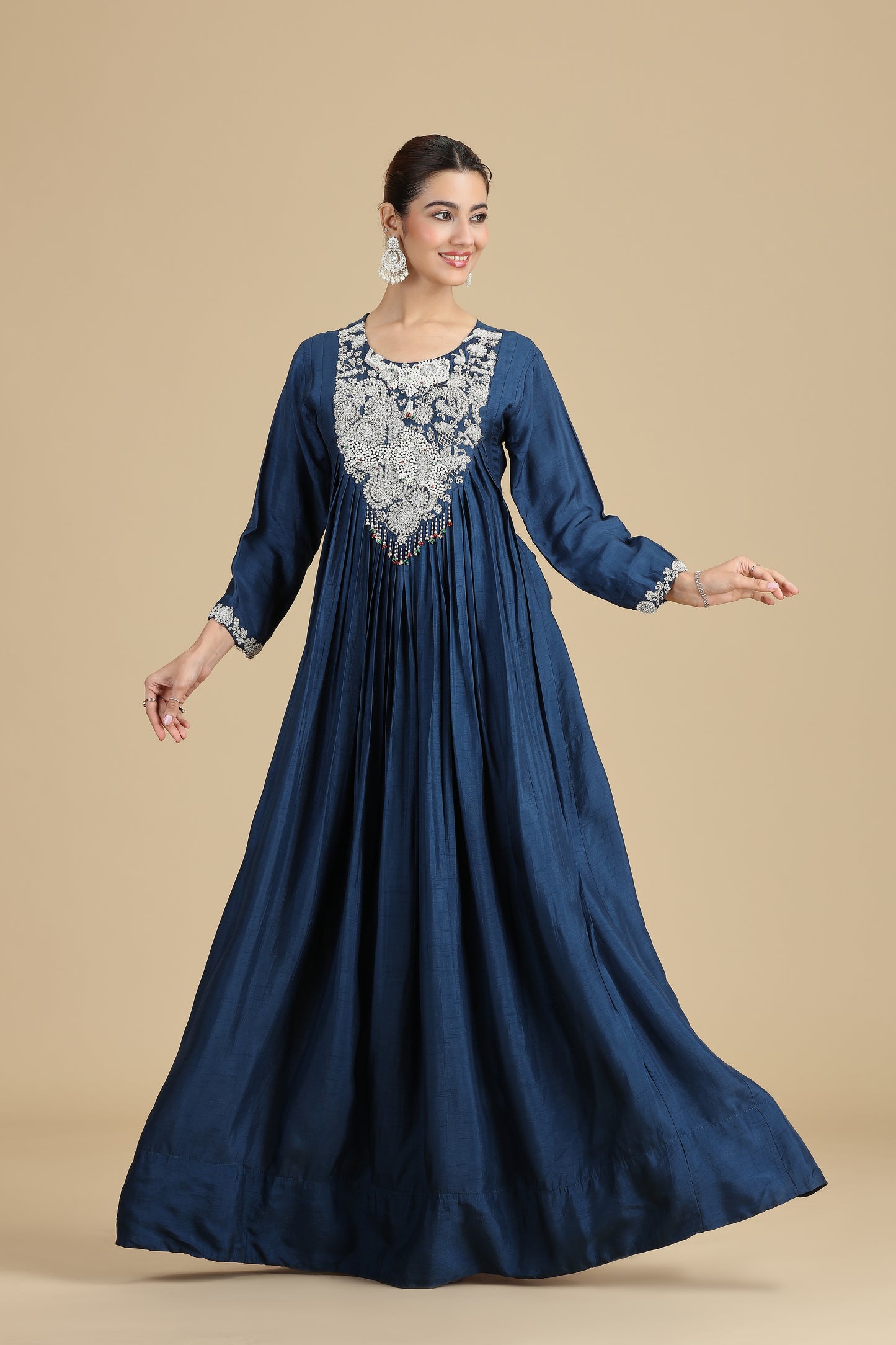 Navy Blue Chinnon Kurta Set with Intricate Embroidery