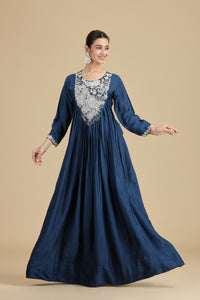 Navy Blue Chinnon Kurta Set with Intricate Embroidery
