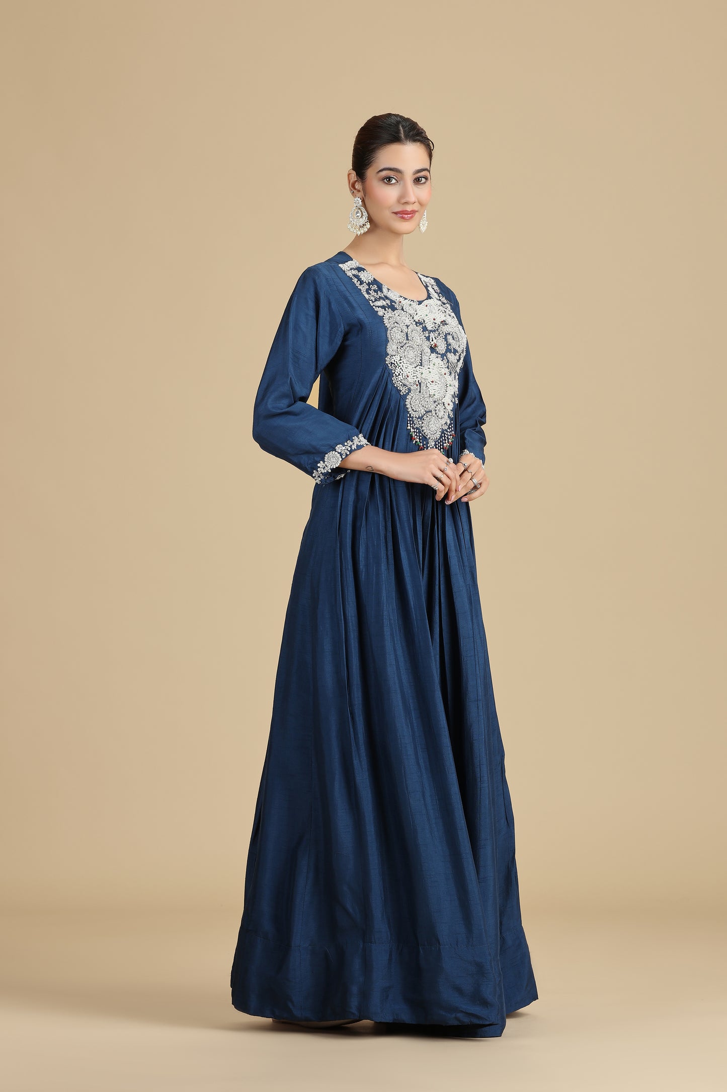 Navy Blue Chinnon Kurta Set with Intricate Embroidery