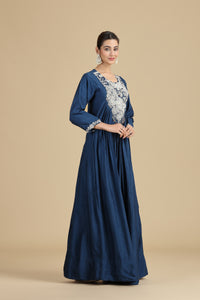 Navy Blue Chinnon Kurta Set with Intricate Embroidery