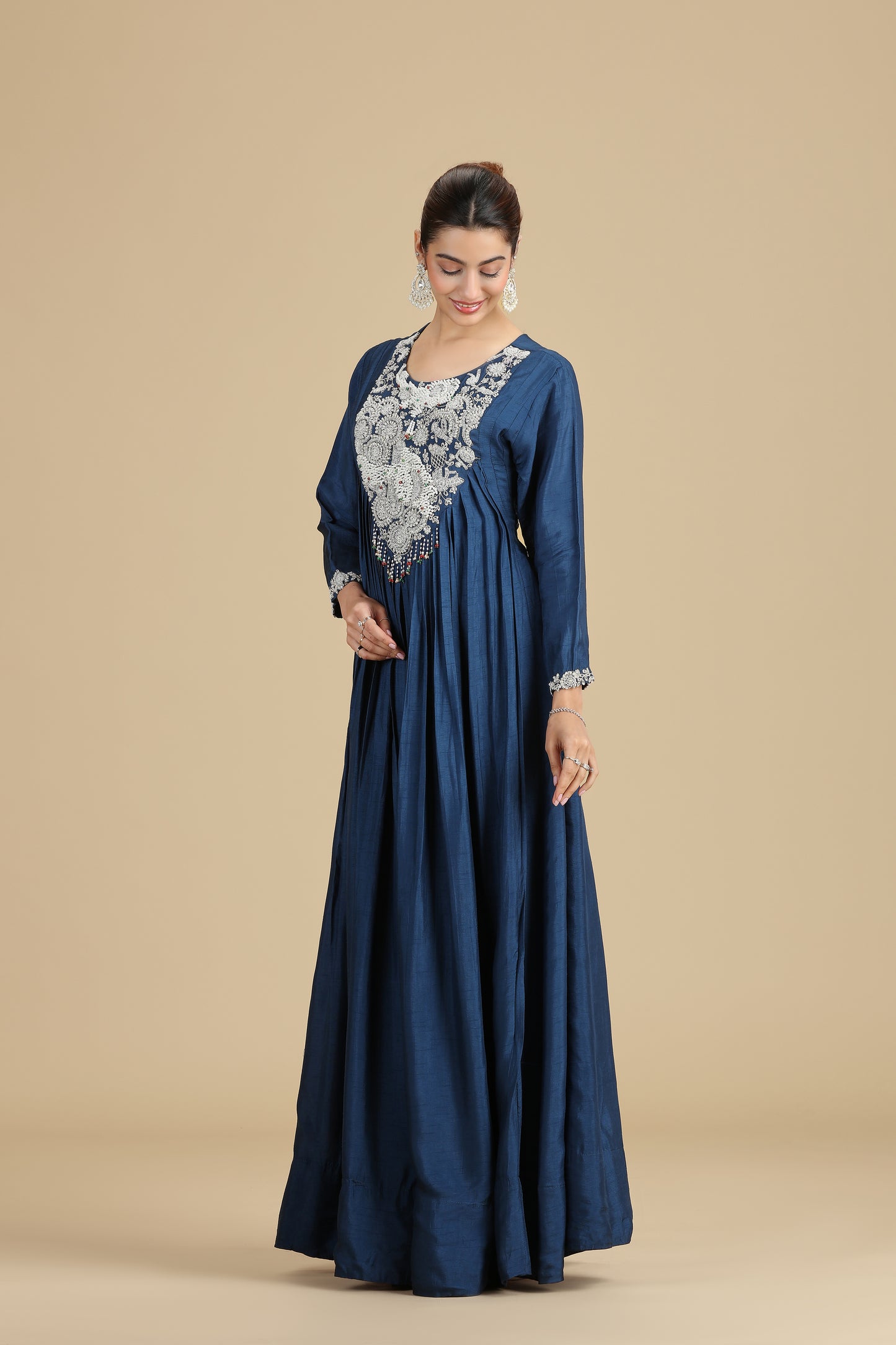 Navy Blue Chinnon Kurta Set with Intricate Embroidery
