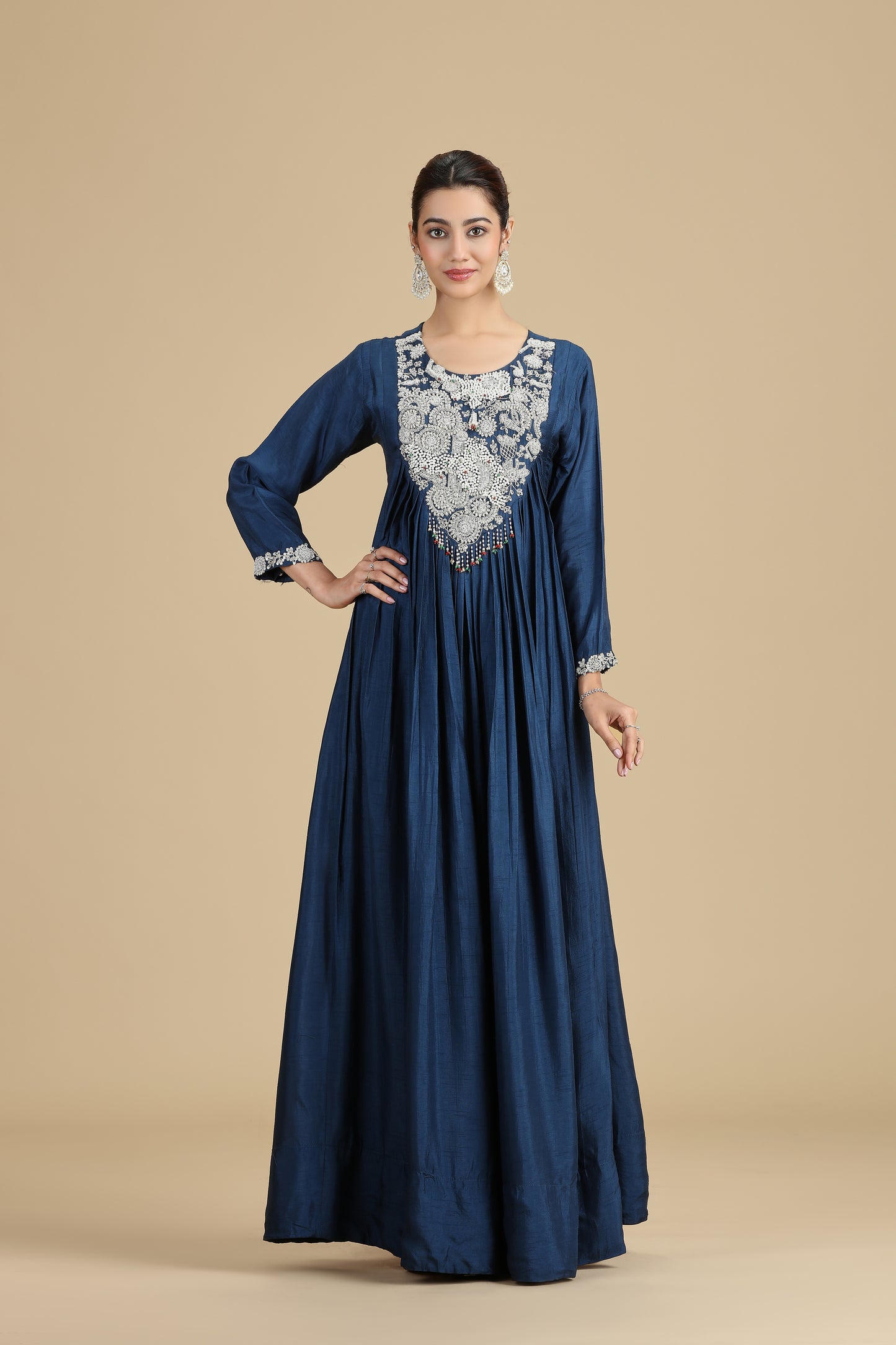 Navy Blue Chinnon Kurta Set with Intricate Embroidery