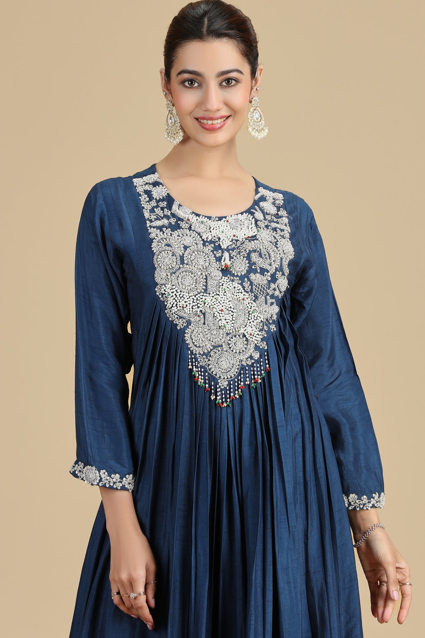 Navy Blue Chinnon Kurta Set with Intricate Embroidery